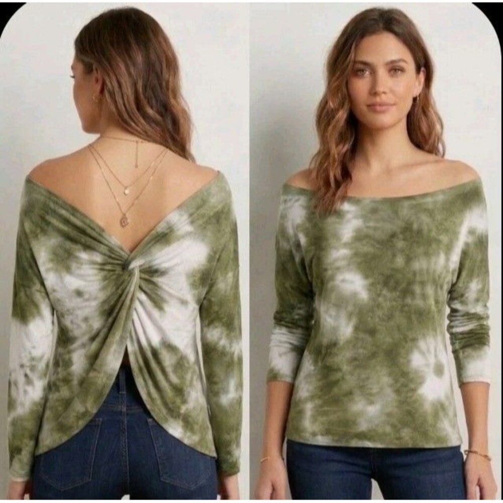 Day & Night Blouse Size L Green Tye Dye Twist Back Long Sleeve